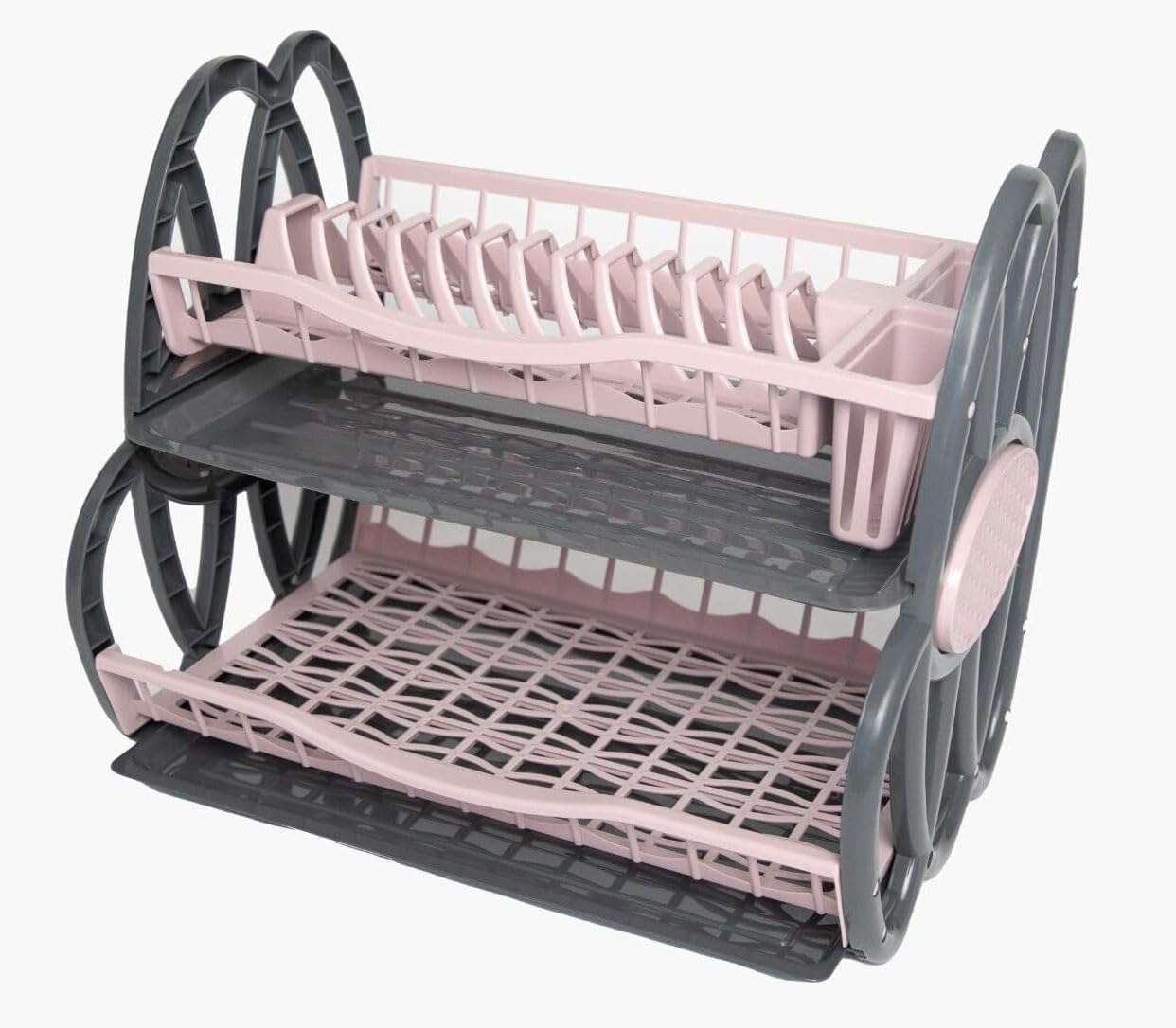Best House Double Plastic Dish Rack, 2 Tier Double Dish Drainer Rack Large Plate Cutlery Cup Holder Plastic Trays - Pack of 1 (Pink)