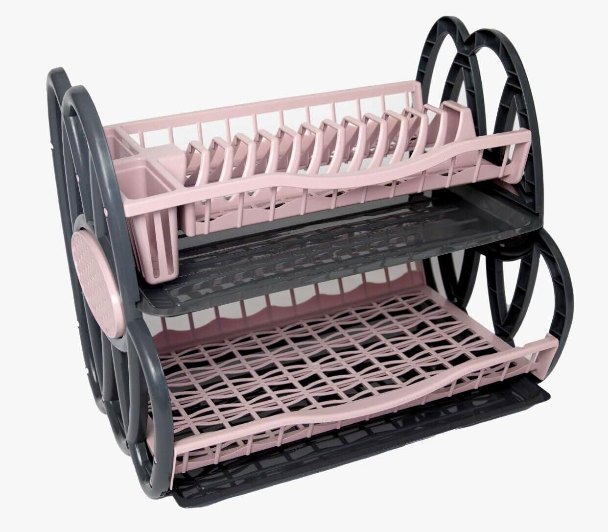 Best House Double Plastic Dish Rack, 2 Tier Double Dish Drainer Rack Large Plate Cutlery Cup Holder Plastic Trays - Pack of 1 (Pink)