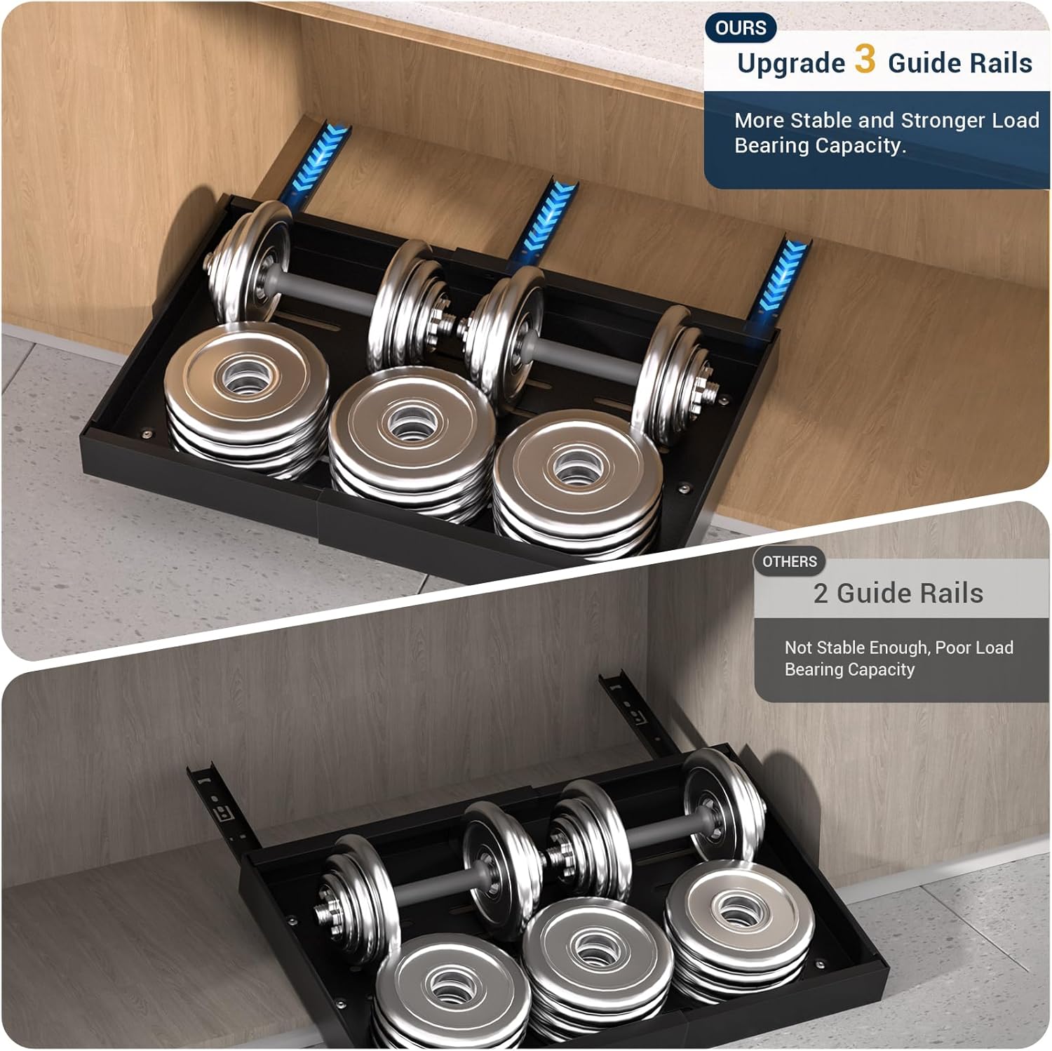 BLYLUND Pull Out Cabinet Organiser Kitchen Storage Extendable Slide Out Pantry Drawer Shelves Adjustable Width with Adhesive Film for Cupboard Bathroom No Need Drill Sliding Organizer (Black 2Packs)