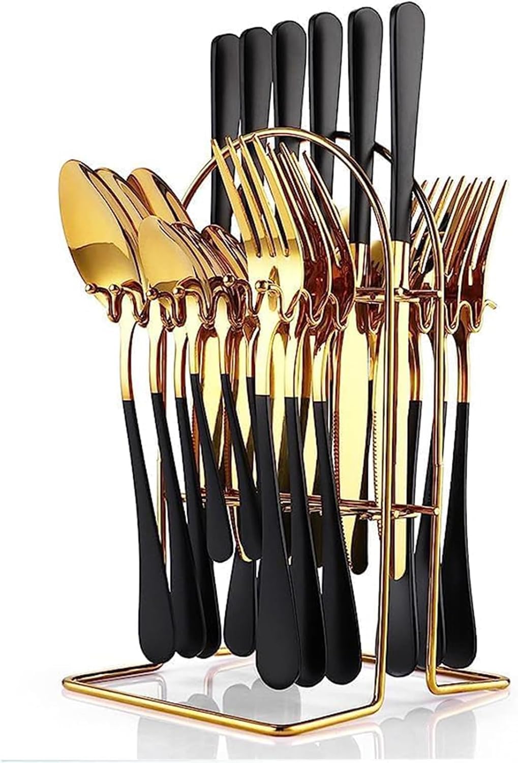 24 Piece Flatware Set, Stainless Steel Cutlery Set with Silverware Holder, Spoons, Forks, and Knives, Utensil Set Service for 6, Gold Mirror Polished and Matte Pink Painted (Pink)