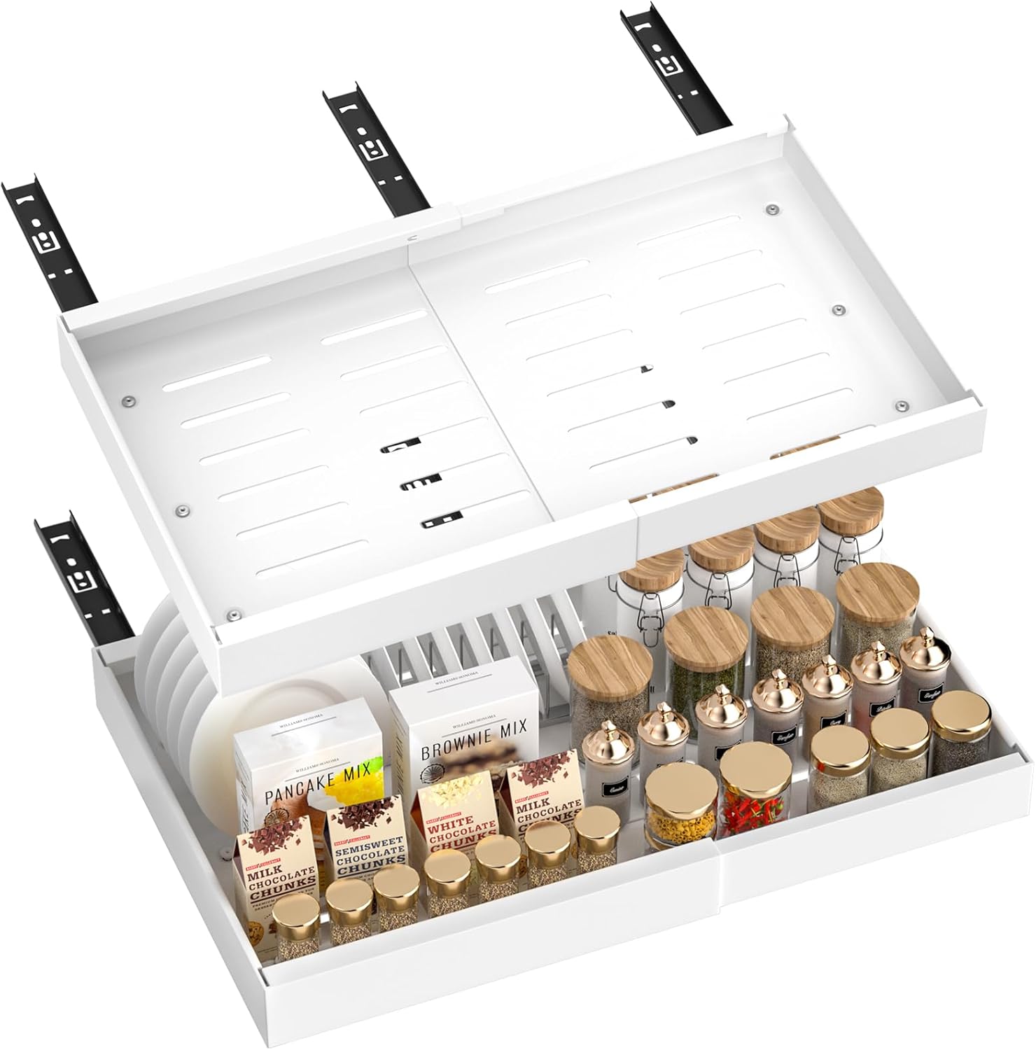 BLYLUND Pull Out Cabinet Organiser Kitchen Storage Extendable Slide Out Pantry Drawer Shelves Adjustable Width with Adhesive Film for Cupboard Bathroom No Need Drill Sliding Organizer (Black 2Packs)