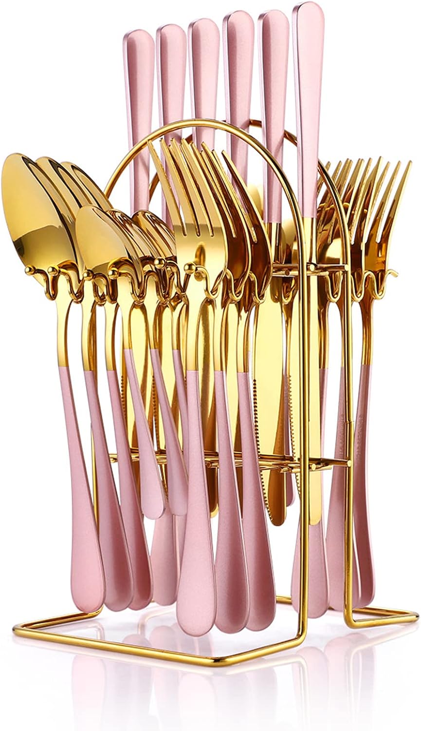 24 Piece Flatware Set, Stainless Steel Cutlery Set with Silverware Holder, Spoons, Forks, and Knives, Utensil Set Service for 6, Gold Mirror Polished and Matte Pink Painted (Pink)