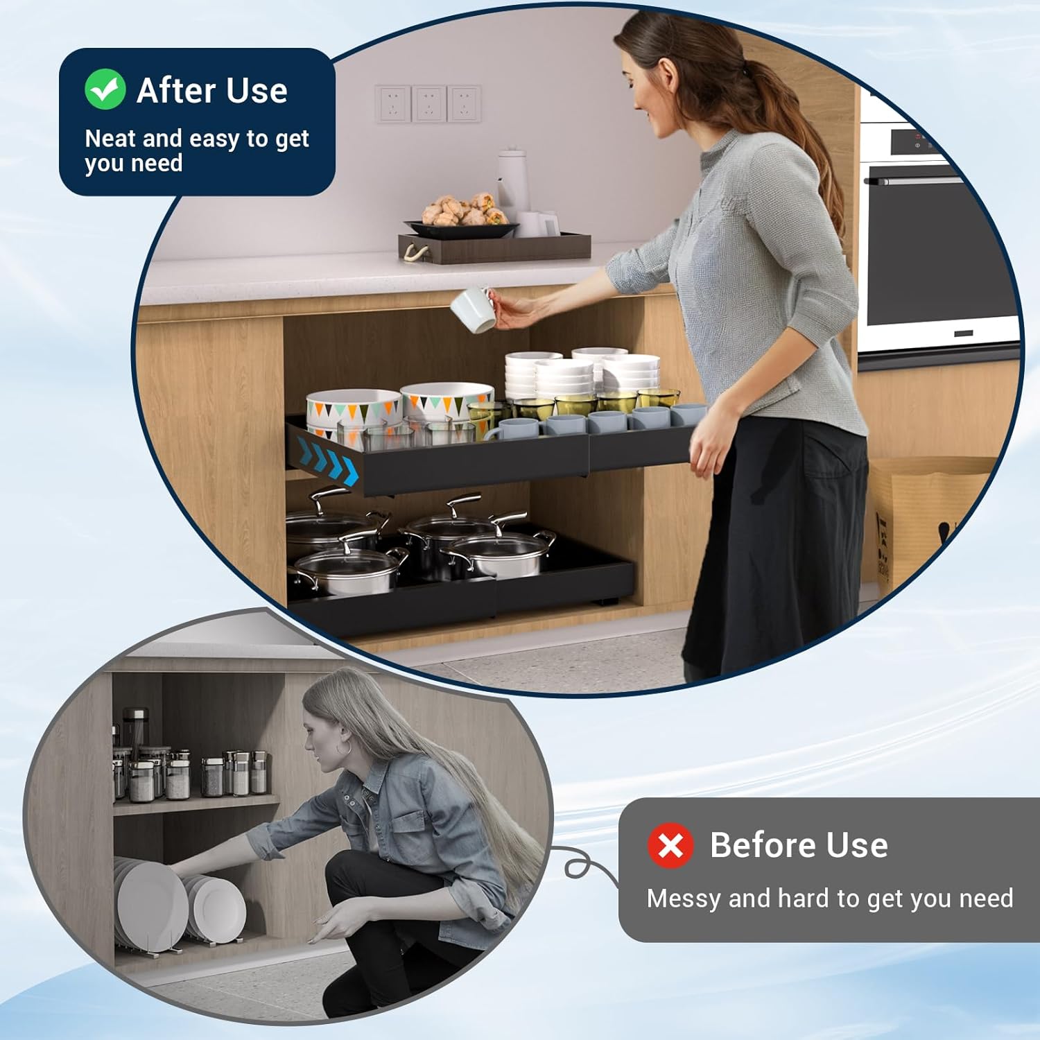 BLYLUND Pull Out Cabinet Organiser Kitchen Storage Extendable Slide Out Pantry Drawer Shelves Adjustable Width with Adhesive Film for Cupboard Bathroom No Need Drill Sliding Organizer (Black 2Packs)