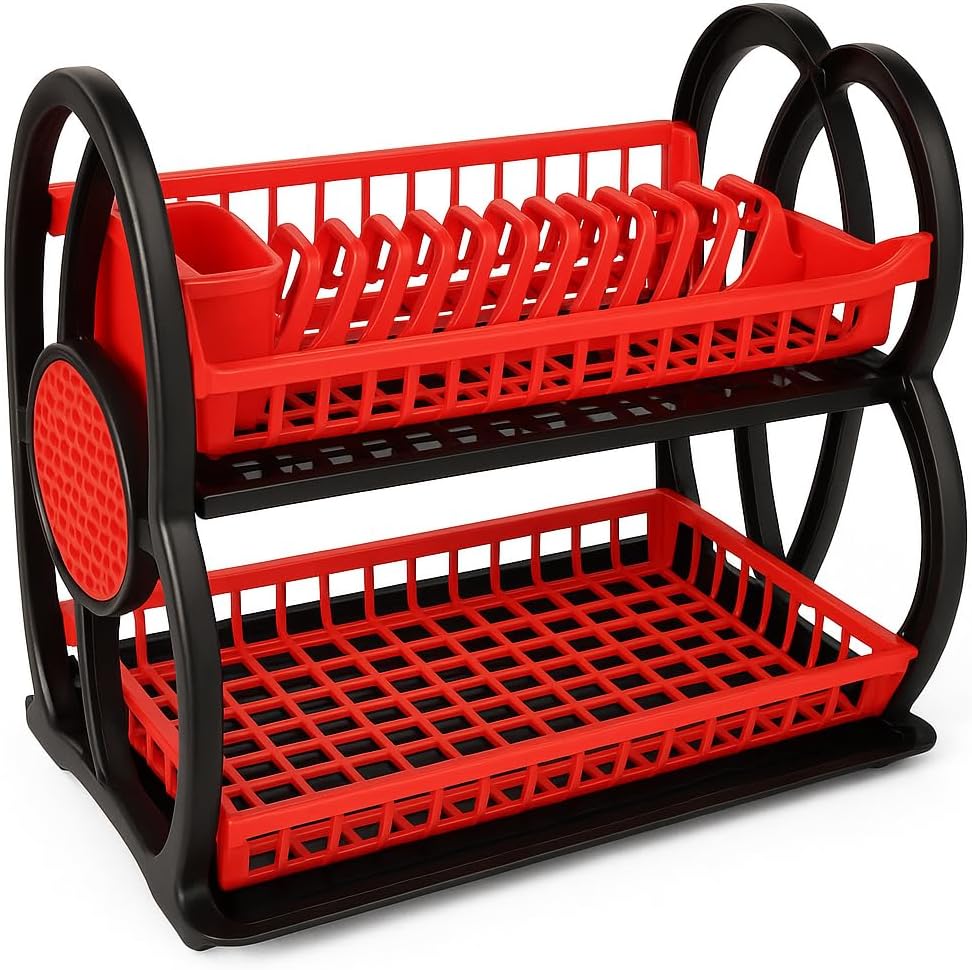 Best House Double Plastic Dish Rack, 2 Tier Double Dish Drainer Rack Large Plate Cutlery Cup Holder Plastic Trays - Pack of 1 (Pink)