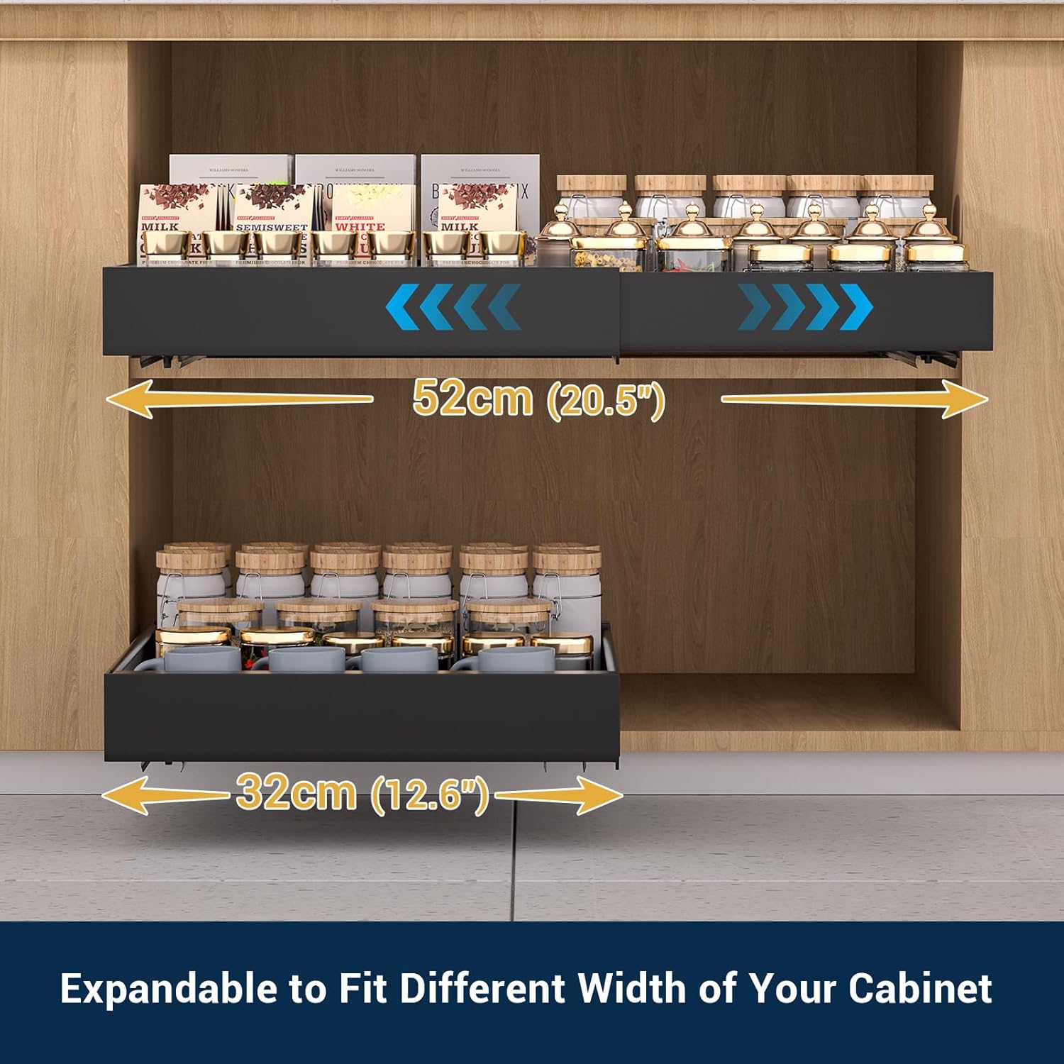 BLYLUND Pull Out Cabinet Organiser Kitchen Storage Extendable Slide Out Pantry Drawer Shelves Adjustable Width with Adhesive Film for Cupboard Bathroom No Need Drill Sliding Organizer (Black 2Packs)
