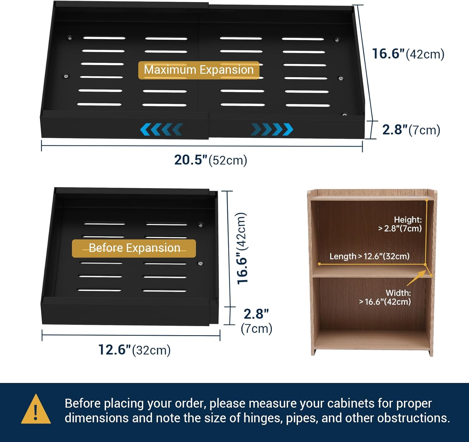 BLYLUND Pull Out Cabinet Organiser Kitchen Storage Extendable Slide Out Pantry Drawer Shelves Adjustable Width with Adhesive Film for Cupboard Bathroom No Need Drill Sliding Organizer (Black 2Packs)