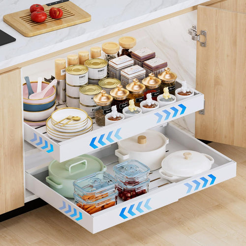 2 Pack Expandable Pull Out Cabinet Organizer Adhesive, Peel And Stick Slide Out Drawers for Kitchen Cabinets,Cabinet Pull Out Shelves For Kitchen Pantry Organization Adjustable Width 12.6"-21"