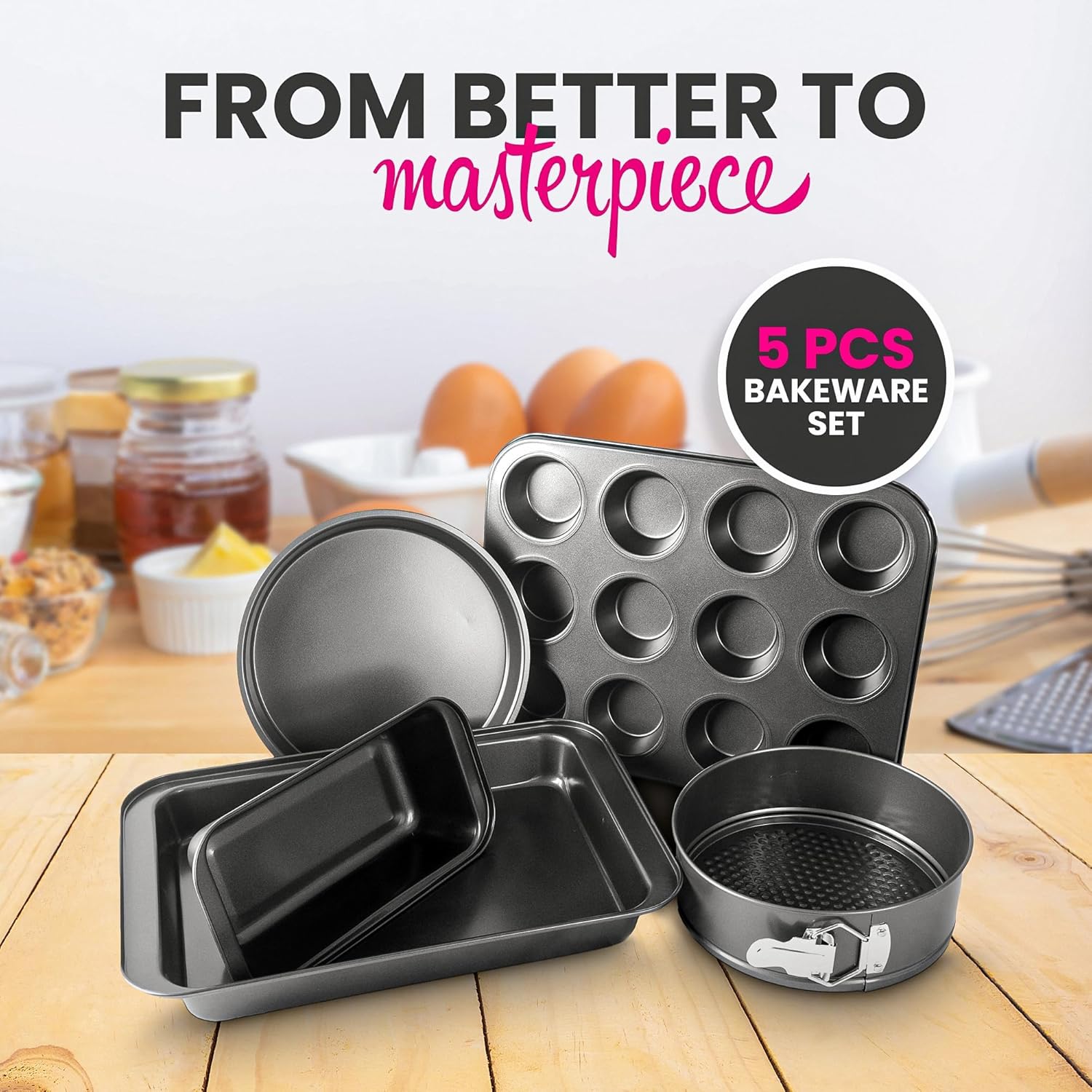 Ariana Homeware® 5-Piece Bakeware Set Baking Equipment- with Muffin Tray, Oven Tray, Cake Pan, Loaf Pan & Spring Form Cake Tin