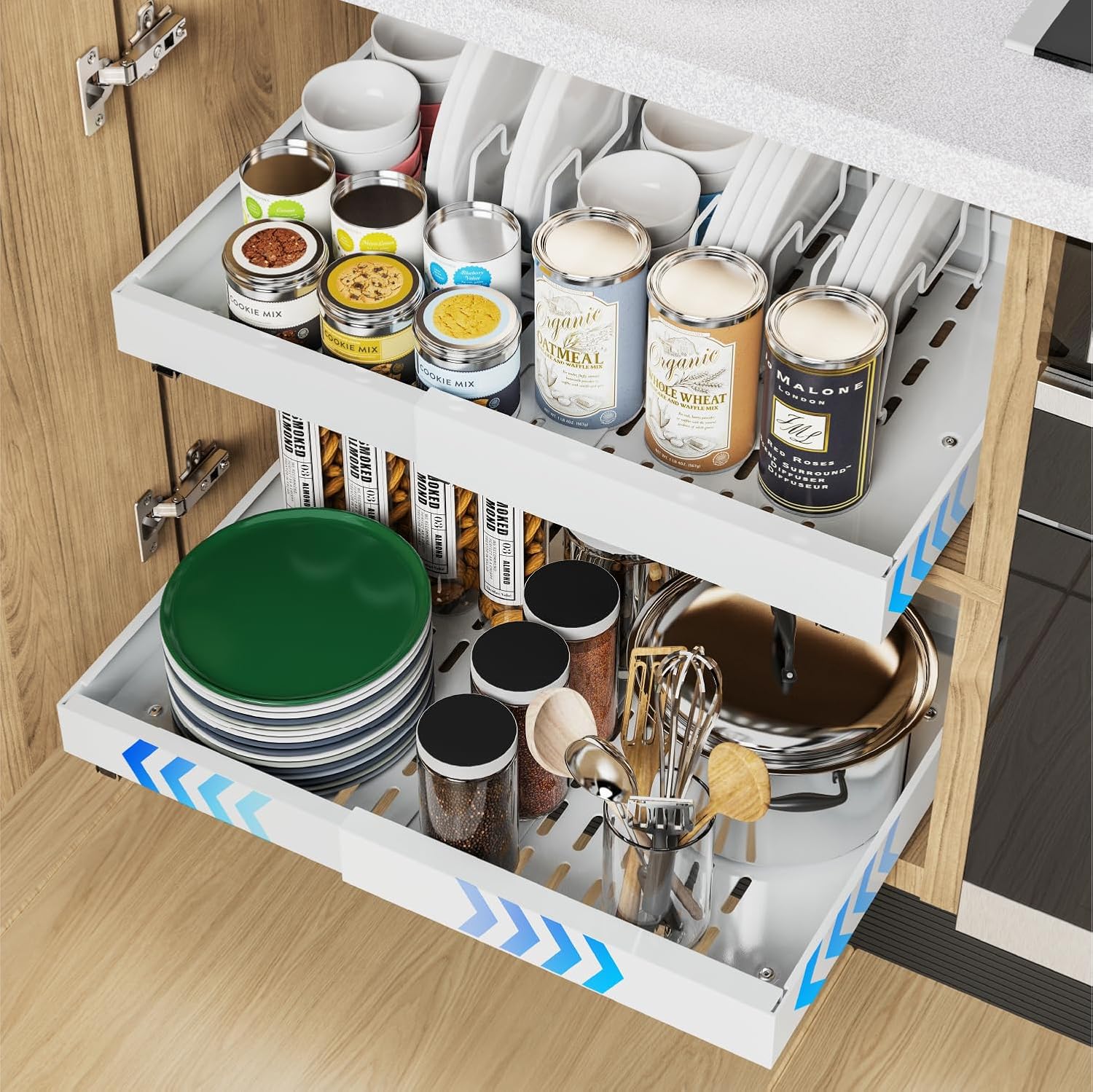 2 Pack Expandable Pull Out Cabinet Organizer Adhesive, Peel And Stick Slide Out Drawers for Kitchen Cabinets,Cabinet Pull Out Shelves For Kitchen Pantry Organization Adjustable Width 12.6"-21"