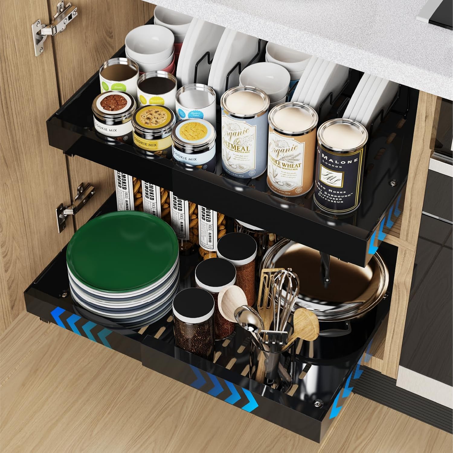 2 Pack Expandable Pull Out Cabinet Organizer Adhesive, Peel And Stick Slide Out Drawers for Kitchen Cabinets,Cabinet Pull Out Shelves For Kitchen Pantry Organization Adjustable Width 12.6"-21"